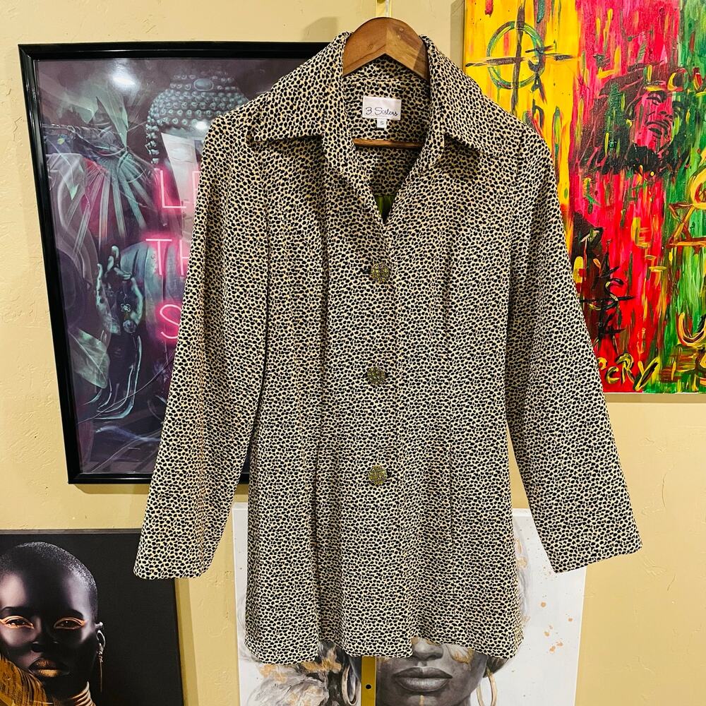 Y2K 3 Sisters Kitty Mid Length Cheetah Print Peacoat Grunge Trench Jacket Small